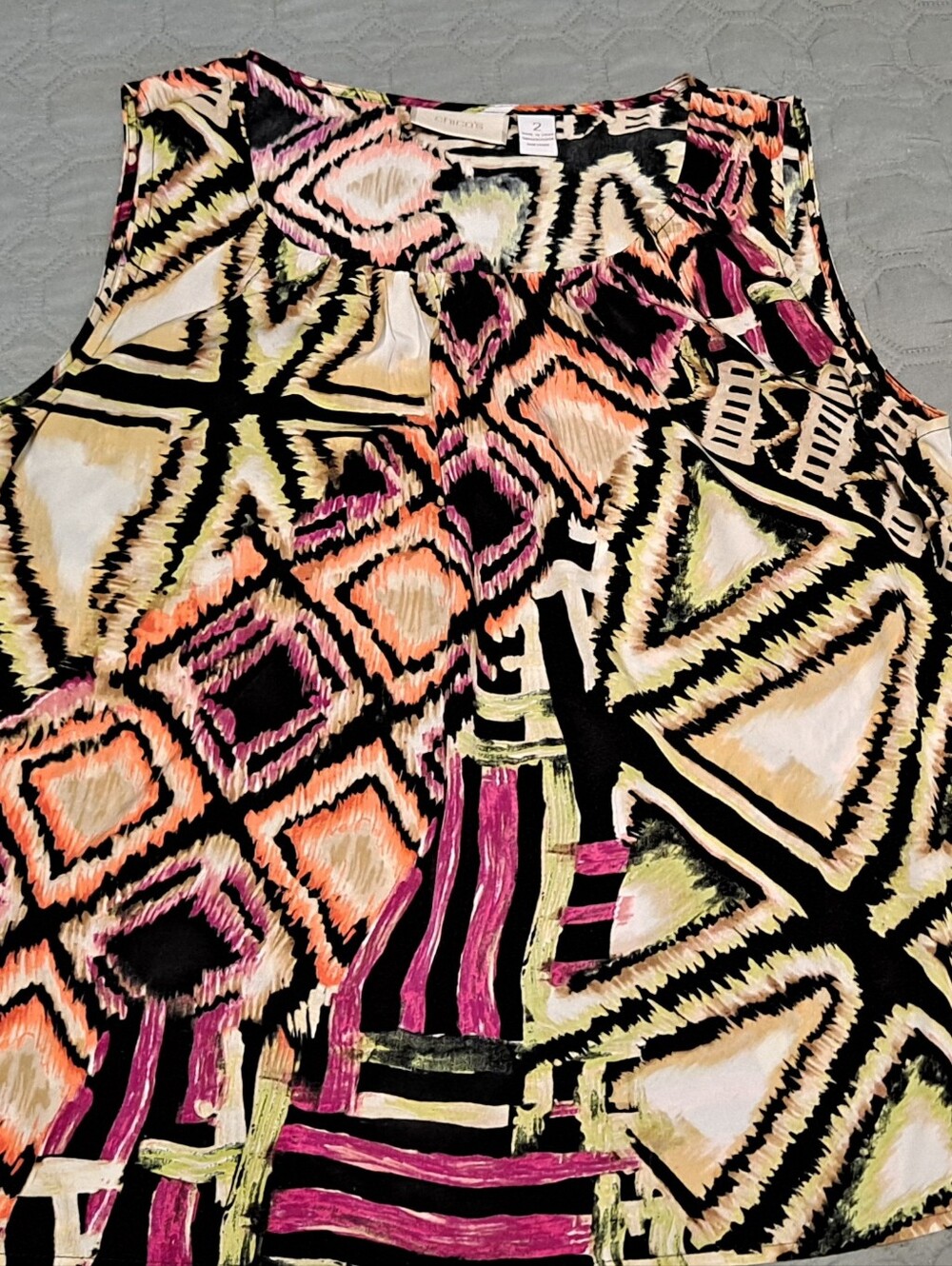 Chico's 2 Sleeveless Geometric Print Top in Black, Pink & Lime